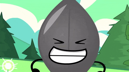 a cartoon character with a leaf shaped face and arms is smiling