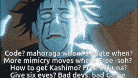 a cartoon of a man with the words code mahoraga when update when