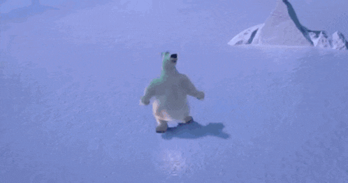 a polar bear is dancing on a snowy surface .