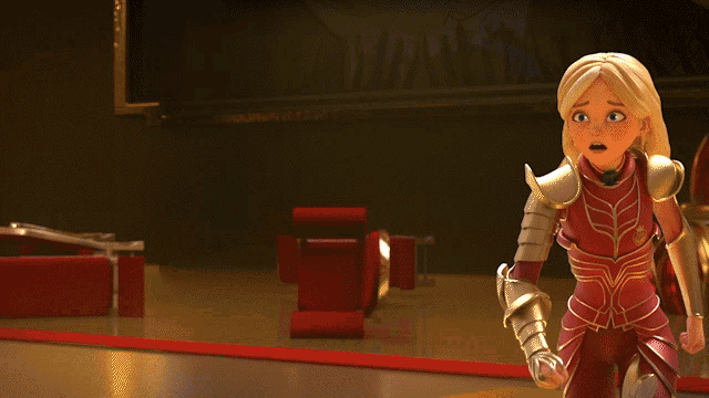 a cartoon character with a crown on her chest is standing in front of a mirror
