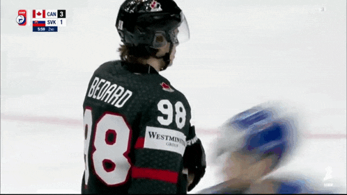 a hockey player wearing a jersey with the number 98 on it