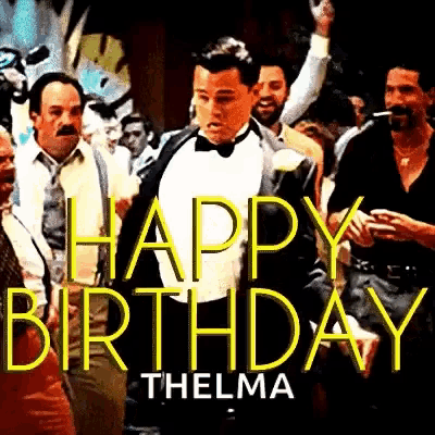 a man in a tuxedo is dancing in front of a crowd with the words " happy birthday thelma "