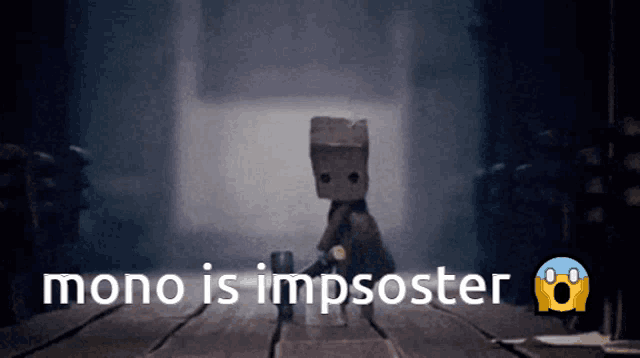 a video game character is sitting on a wooden table with the words mono is imposter above him