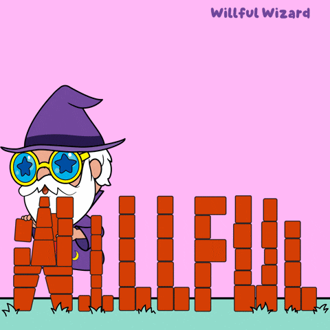 a cartoon of a wizard with the word willful written on the bottom