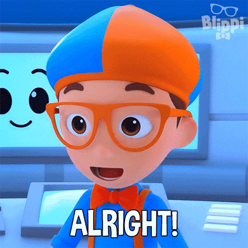 a cartoon character says " alright " in front of a computer