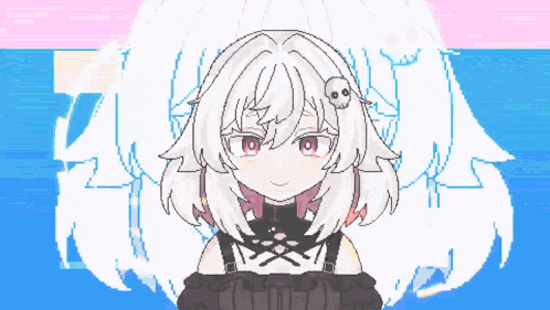 a pixel art of a girl with a skull on her head .