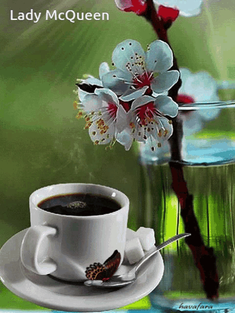 a cup of coffee next to a vase of flowers with lady mcqueen written on the top