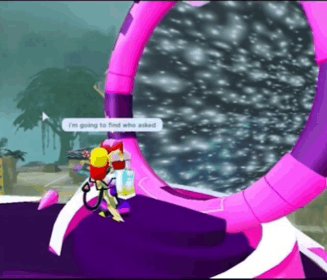 a cartoon character says i 'm going to find who asked in front of a pink circle