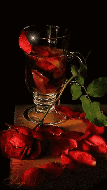 a cup of tea with red roses in it