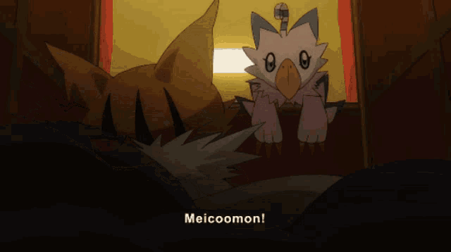 a cartoon of a cat and a bird with the words meicoomon below them