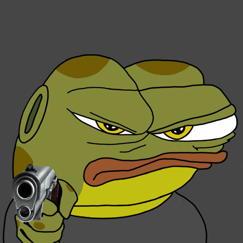 a cartoon frog is pointing a gun at the viewer