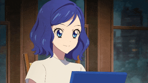 a girl with blue hair sits in a chair