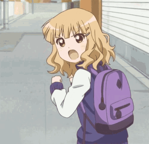 a girl with blonde hair and a purple backpack is walking down a sidewalk