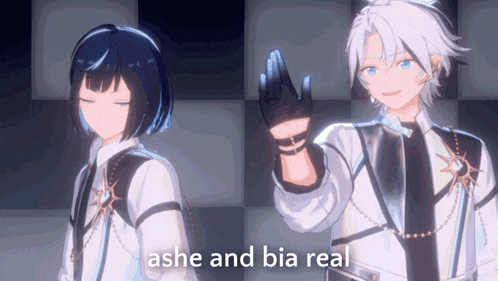 a couple of anime characters with the words ashe and bia real