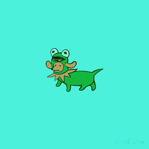 a drawing of a dog wearing a kermit the frog costume