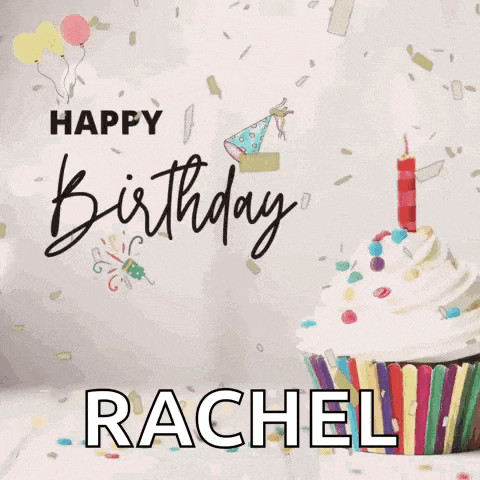 a happy birthday greeting card with a cupcake and confetti and the name rachel