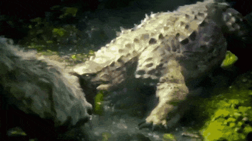 a painting of a crocodile eating a leaf in the water