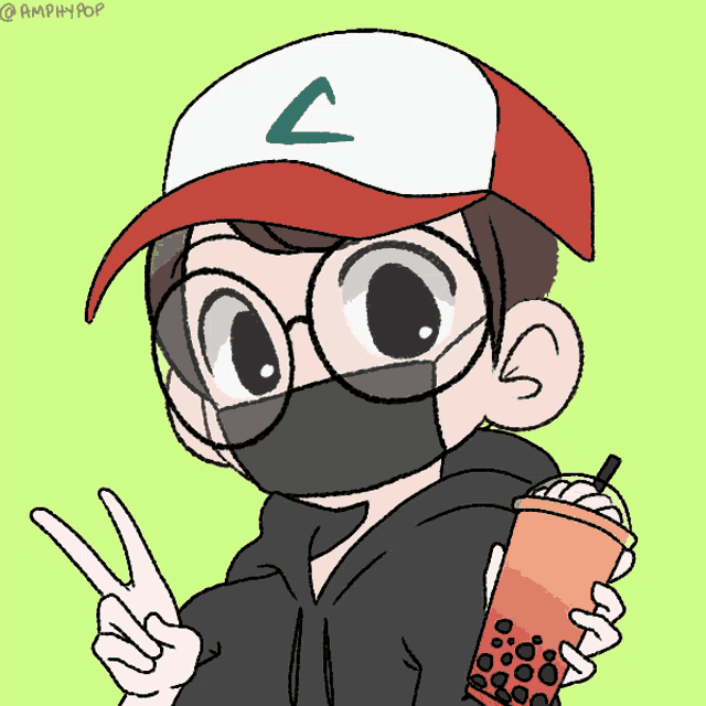 a drawing of a boy wearing a mask and holding a cup of bubble tea