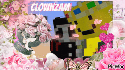 a picture of a clownzam with flowers and butterflies