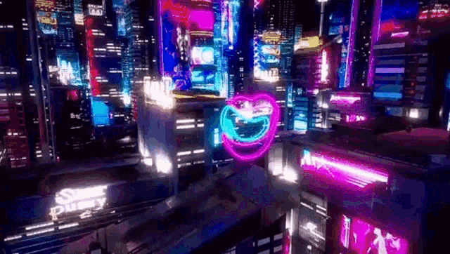 an aerial view of a futuristic city at night