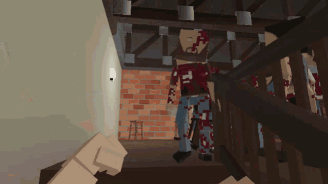 a video game character with a bloody shirt that says t.