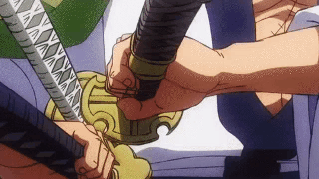 a person is holding a sword in their hands in a cartoon .