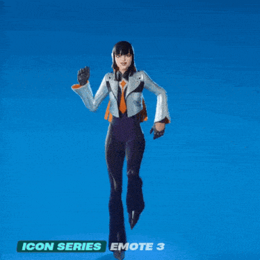 a woman in a suit and tie is dancing with the words icon series emote 3 behind her