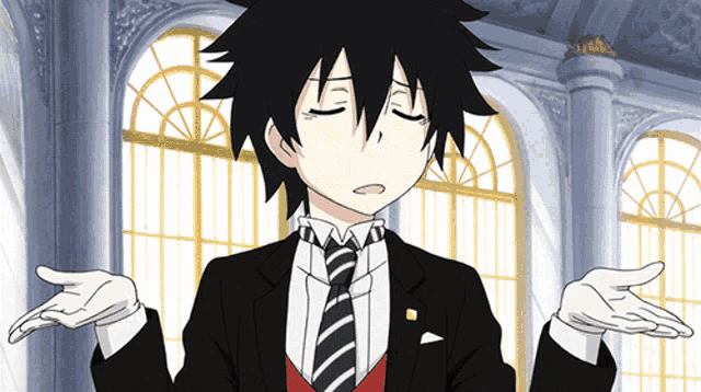 a man in a tuxedo and tie is shrugging his shoulders in front of a window