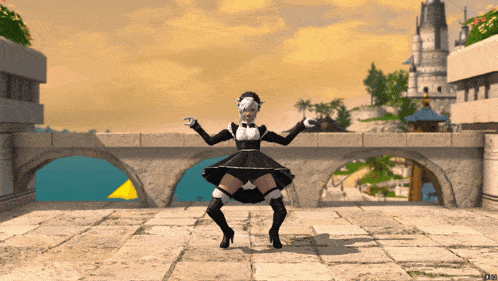 a woman in a maid outfit is dancing in front of a bridge