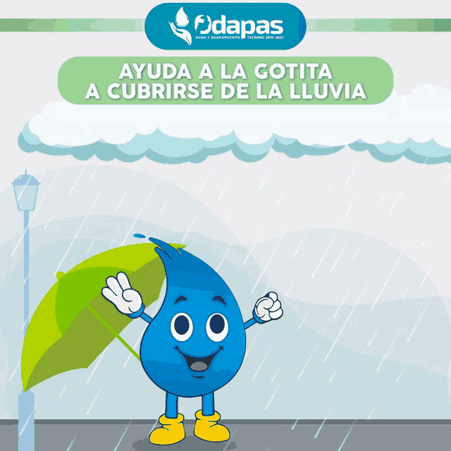 a cartoon illustration of a water drop holding an umbrella with the words ayuda a la gotita