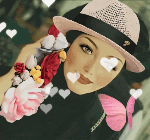 a woman wearing a hat with the letter p on it is surrounded by hearts and butterflies