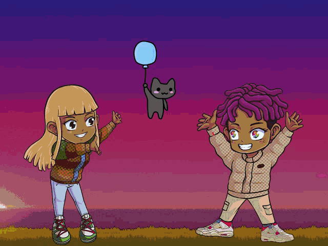 a cartoon of a girl holding a blue balloon and a boy holding a black cat