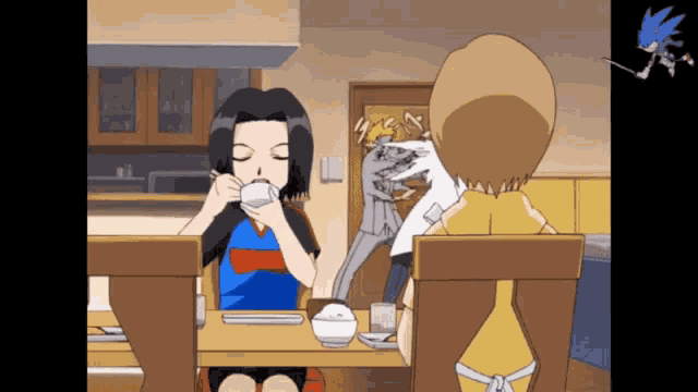 a couple of anime characters sitting at a table with a sonic character in the background