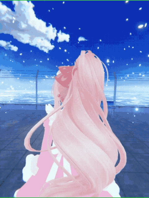 a girl with pink hair is standing in front of a blue sky with clouds