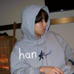 a person wearing a grey hoodie with the word han written on it