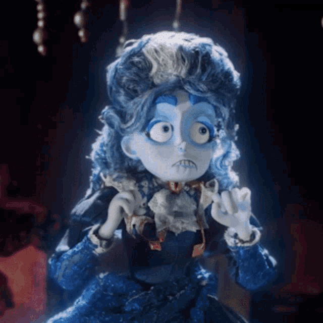 a cartoon character with blue hair and a blue dress is making a funny face