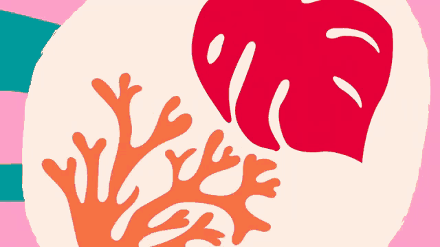 an illustration of a coral and a red leaf on a pink and yellow background
