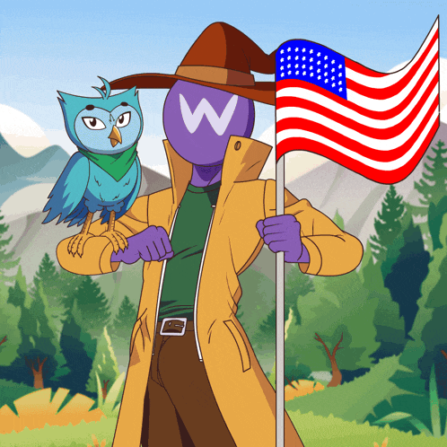 a man with a w on his head holds an american flag next to an owl