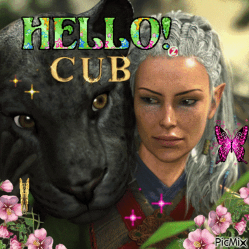 a picture of a woman standing next to a black panther with the words hello cub on it