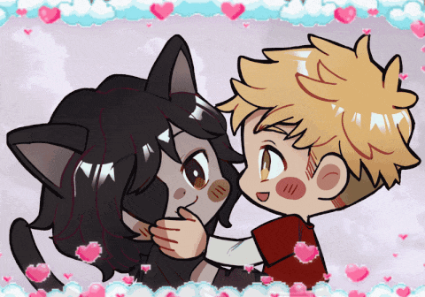 a boy and a girl are hugging each other with hearts surrounding them