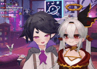 a couple of anime characters are standing next to each other in a room with a sign that says move on it