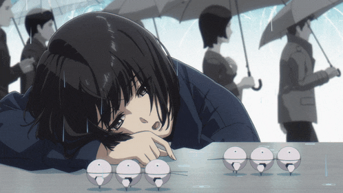 a cartoon of a girl laying on a table with a bunch of birds standing around her
