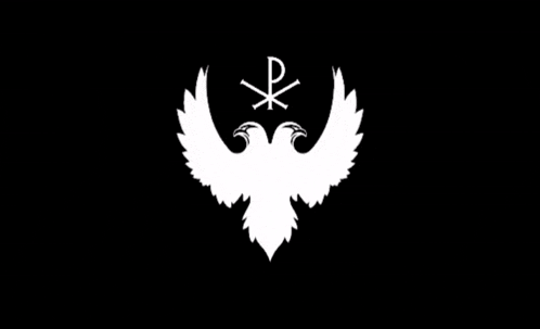 a shield with a black bird and a red p on it