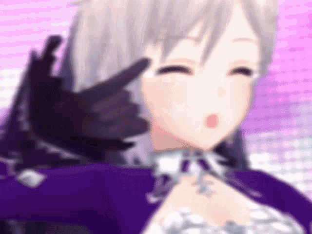 a blurry picture of a girl in a purple dress with a black hand pointing to her face .