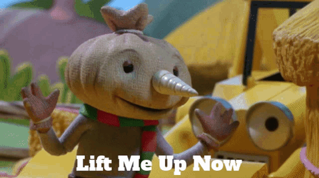 a cartoon character with a scarf around his neck says lift me up now