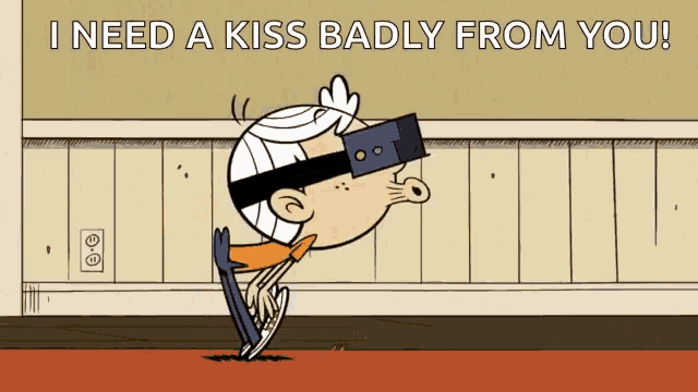 a cartoon character wearing a virtual reality headset says i need a kiss badly from you !