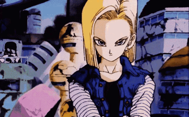 a cartoon drawing of a woman with blonde hair and a blue jacket