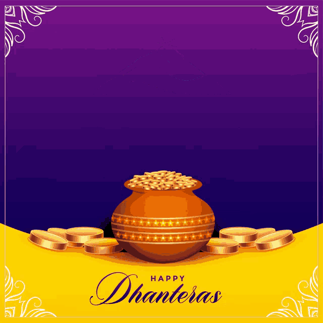 a poster for happy dhanteras with a pot of gold and gold coins