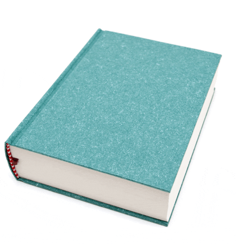 a blue book with a white spine and a red bookmark