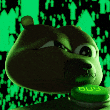 a cartoon bear is holding a green buy button in its mouth